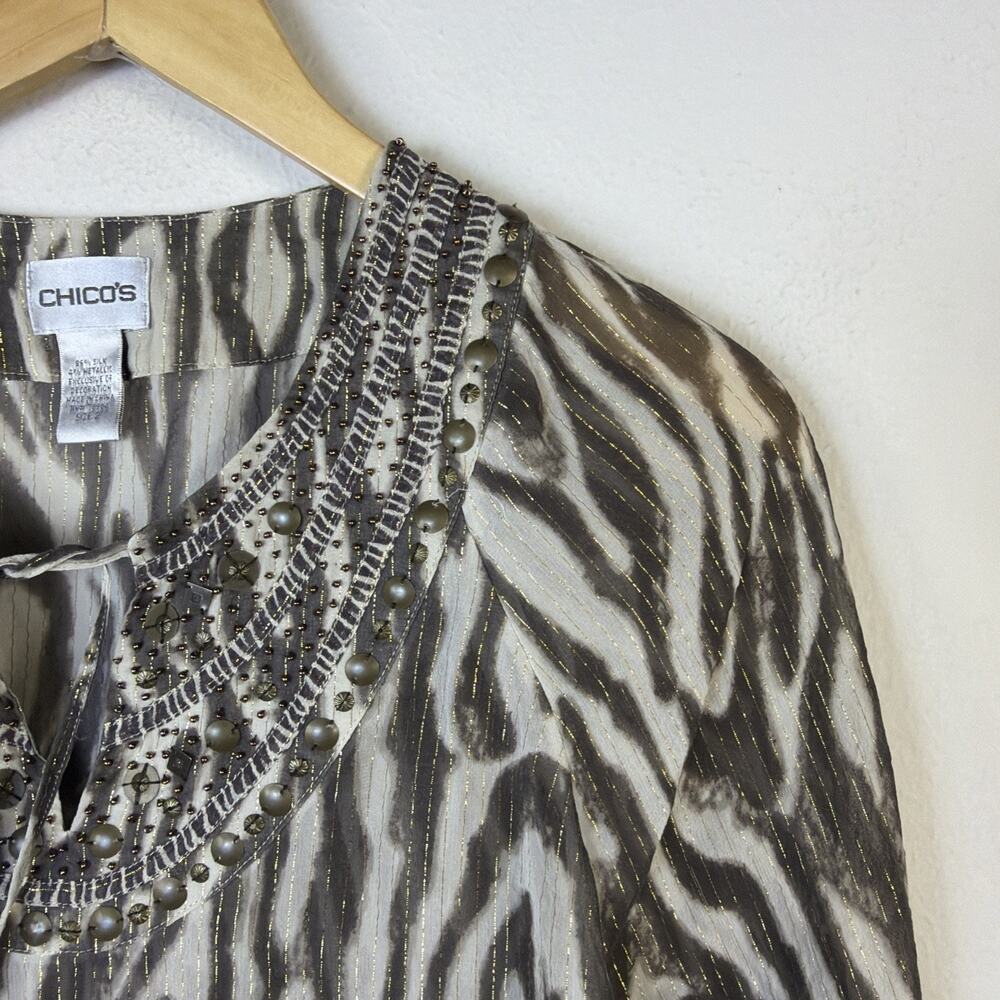 Chico's Animal Print Tunic Large silk brown gold bohemian beaded festival party - Picture 5 of 16